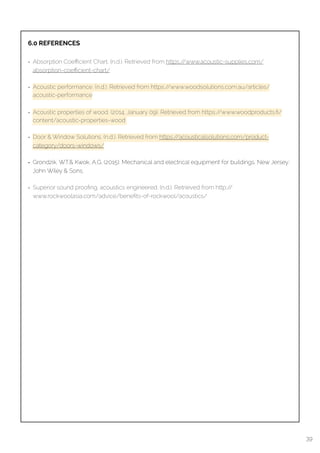 6.0 REFERENCES
• Absorption Coeﬃcient Chart. (n.d.). Retrieved from https://www.acoustic-supplies.com/
absorption-coeﬃcient-chart/
• Acoustic performance. (n.d.). Retrieved from https://www.woodsolutions.com.au/articles/
acoustic-performance
• Acoustic properties of wood. (2014, January 09). Retrieved from https://www.woodproducts.ﬁ/
content/acoustic-properties-wood
• Door & Window Solutions. (n.d.). Retrieved from https://acousticalsolutions.com/product-
category/doors-windows/
• Grondzik, W.T.& Kwok, A.G. (2015). Mechanical and electrical equipment for buildings. New Jersey:
John Wiley & Sons.
• Superior sound prooﬁng, acoustics engineered. (n.d.). Retrieved from http://
www.rockwoolasia.com/advice/beneﬁts-of-rockwool/acoustics/
39
 