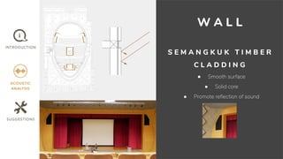 S E M A N G K U K T I M B E R
C L A D D I N G
● Smooth surface
● Solid core
● Promote reﬂection of sound
W A L L
 