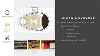 H U M A N M O V E M E N T
● Physical contact with different surfaces.
● Speciﬁc noise sources
○ Stairs cap
○ Auditorium seats
○ Timber ﬂoor
● Low in volume but noticeable.
STAIRS CAP AUDITORIUM
SEATS
TIMBER FLOOR
 
