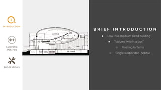 B R I E F I N T R O D U C T I O N
● Low-rise medium sized building
● “Volume within a box”
○ Floating lanterns
○ Single suspended ‘pebble’
 