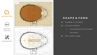 S H A P E & F O R M
● A pebble in a shoebox
● Concave surfaces
○ Concentrate sound towards
the centre
● Non-uniform angle
 