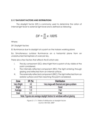 2.1.7 DAYLIGHT FACTORS AND DISTRIBUTIONS
The daylight factor (DF) is commonly used to determine the ration of
internal light level to external light level and is defined as following:
DF =
𝐸𝑖
𝐸𝑜
x 100%
Where:
DF: Daylight factors
Ei: illuminance due to daylight at a point on the indoors working plane
Eo: Simultaneous outdoor illuminance on a horizontal plane from an
unobstructed hemisphere of overcast sky.
There are a few factors that affects the Ei which are:
i. The sky component (SC): direct light from a patch of sky visible at the
point considered.
ii. The internally reflected component (IRC): The light entering through
glazing and reflected from an internal surface.
iii. The externally reflected component (ERC): The light reflected from an
exterior surface and then reaching the point considered.
Figure 2.1.7.1: Table of distribution of daylight factor
source: MS1525, 2007
 