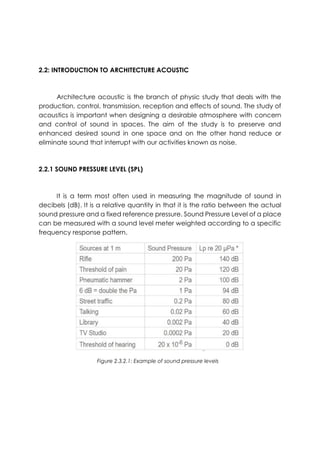 2.2: INTRODUCTION TO ARCHITECTURE ACOUSTIC
Architecture acoustic is the branch of physic study that deals with the
production, control, transmission, reception and effects of sound. The study of
acoustics is important when designing a desirable atmosphere with concern
and control of sound in spaces. The aim of the study is to preserve and
enhanced desired sound in one space and on the other hand reduce or
eliminate sound that interrupt with our activities known as noise.
2.2.1 SOUND PRESSURE LEVEL (SPL)
It is a term most often used in measuring the magnitude of sound in
decibels (dB). It is a relative quantity in that it is the ratio between the actual
sound pressure and a fixed reference pressure. Sound Pressure Level of a place
can be measured with a sound level meter weighted according to a specific
frequency response pattern.
Figure 2.3.2.1: Example of sound pressure levels
 