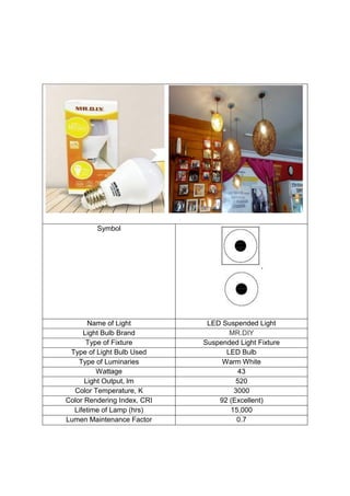Symbol
,
Name of Light LED Suspended Light
Light Bulb Brand MR.DIY
Type of Fixture Suspended Light Fixture
Type of Light Bulb Used LED Bulb
Type of Luminaries Warm White
Wattage 43
Light Output, lm 520
Color Temperature, K 3000
Color Rendering Index, CRI 92 (Excellent)
Lifetime of Lamp (hrs) 15,000
Lumen Maintenance Factor 0.7
 