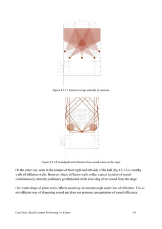 Figure 4.5.1.1 Sound coverage and path of speakers
Figure 4.5.1.2 Sound path and reflection from sound source on the stage
On the other site, seats in the corners of front right and left side of the hall (fig 4.5.1.1)​ ​is nearby
walls of diffusion walls. However, these diffusion walls reflect certain incident of sound
simultaneously whereby audiences get distracted while receiving direct sound from the stage.
Horizontal shape of plane walls reflects sound ray at constant angle under law of reflection. This is
not efficient way of dispersing sound and does not promote concentration of sound efficiency.
Case Study: Kuala Lumpur Performing Art Center 44
 