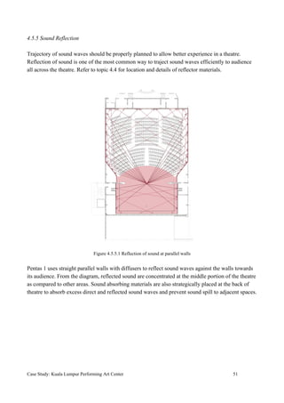 4.5.5 Sound Reflection
Trajectory of sound waves should be properly planned to allow better experience in a theatre.
Reflection of sound is one of the most common way to traject sound waves efficiently to audience
all across the theatre. Refer to topic 4.4 for location and details of reflector materials.
Figure 4.5.5.1 Reflection of sound at parallel walls
Pentas 1 uses straight parallel walls with diffusers to reflect sound waves against the walls towards
its audience. From the diagram, reflected sound are concentrated at the middle portion of the theatre
as compared to other areas. Sound absorbing materials are also strategically placed at the back of
theatre to absorb excess direct and reflected sound waves and prevent sound spill to adjacent spaces.
Case Study: Kuala Lumpur Performing Art Center 51
 