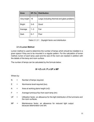 13
Zone DF (%) Distribution
Very bright >6 Large (including thermal and glare problem)
Bright 3–6 Good
Average 1 -3 Fair
Dark 0–1 Poor
Table 2.1.3.1 : Daylight factor and distribution
2.1.4 Lumen Method
Lumen method is used to determine the number of lamps which should be installed in a
given space if they are to be mounted in a regular pattern. For the calculation of lumen
method, lumen of each lamp used and the size of the room are needed in addition with
the details of the lamp and room surface.
The number of lamps can be calculated by the formula below:
N = E x A / F x UF x MF
Where by:
N = Number of lamps required.
E = Illuminance level required (lux).
A = Area at working plane height (m2)
F = Average luminous flux from each lamp (lm)
UF = Utilisation factor, an allowance for the light distribution of the luminaire and
the room surfaces.
MF = Maintenance factor, an allowance for reduced light output
because deterioration and dirt.
 