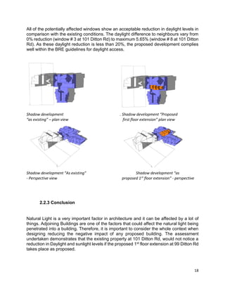 18
All of the potentially affected windows show an acceptable reduction in daylight levels in
comparison with the existing conditions. The daylight difference to neighbours vary from
0% reduction (window # 3 at 101 Ditton Rd) to maximum 5.65% (window # 8 at 101 Ditton
Rd). As these daylight reduction is less than 20%, the proposed development complies
well within the BRE guidelines for daylight access.
Shadow development . Shadow development “Proposed
“as existing” – plan view first floor extension” plan view
Shadow development “As existing” Shadow development “as
- Perspective view proposed 1st
floor extension” - perspective
2.2.3 Conclusion
Natural Light is a very important factor in architecture and it can be affected by a lot of
things. Adjoining Buildings are one of the factors that could affect the natural light being
penetrated into a building. Therefore, it is important to consider the whole context when
designing reducing the negative impact of any proposed building. The assessment
undertaken demonstrates that the existing property at 101 Ditton Rd, would not notice a
reduction in Daylight and sunlight levels if the proposed 1st floor extension at 99 Ditton Rd
takes place as proposed.
 