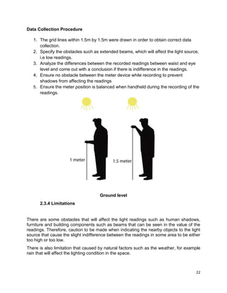 22
Data Collection Procedure
1. The grid lines within 1.5m by 1.5m were drawn in order to obtain correct data
collection.
2. Specify the obstacles such as extended beams, which will affect the light source,
i.e low readings.
3. Analyze the differences between the recorded readings between waist and eye
level and come out with a conclusion if there is indifference in the readings.
4. Ensure no obstacle between the meter device while recording to prevent
shadows from affecting the readings
5. Ensure the meter position is balanced when handheld during the recording of the
readings.
Ground level
2.3.4 Limitations
There are some obstacles that will affect the light readings such as human shadows,
furniture and building components such as beams that can be seen in the value of the
readings. Therefore, caution to be made when indicating the nearby objects to the light
source that cause the slight indifference between the readings in some area to be either
too high or too low.
There is also limitation that caused by natural factors such as the weather, for example
rain that will affect the lighting condition in the space.
 