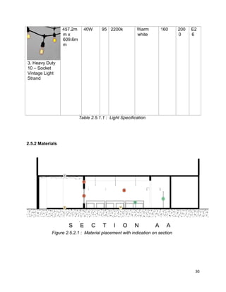 30
3. Heavy Duty
10 – Socket
Vintage Light
Strand
457.2m
m x
609.6m
m
40W 95 2200k Warm
white
160 200
0
E2
6
Table 2.5.1.1 : Light Specification
2.5.2 Materials
Figure 2.5.2.1 : Material placement with indication on section
 