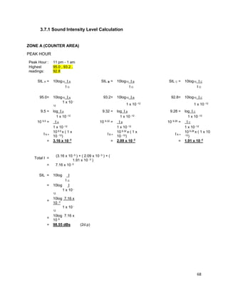 68
3.7.1 Sound Intensity Level Calculation
ZONE A (COUNTER AREA)
PEAK HOUR
Peak Hour : 11 pm - 1 am
Highest
readings:
95.0 , 93.2 ,
92.8
SIL A = 10log10 I A SIL B = 10log10 I B SIL C = 10log10 I C
I O I O I O
95.0= 10log10 I A 93.2= 10log10 I B 92.8= 10log10 I C
1 x 10 -
12 1 x 10 -12 1 x 10 -12
9.5 = log I A 9.32 = log I B 9.28 = log I C
1 x 10 -12 1 x 10 -12 1 x 10 -12
10 9.5 = I A 10 9.32 = I B 10 9.28 = I C
1 x 10 -12 1 x 10 -12 1 x 10 -12
I A =
10 9.5 x ( 1 x
10 -12)
I B =
10 9.32 x ( 1 x
10 -12)
I A =
10 9.28 x ( 1 x 10
-12)
= 3.16 x 10 -3
= 2.09 x 10 -3
= 1.91 x 10 -3
Total I =
(3.16 x 10 -3 ) + ( 2.09 x 10 -3 ) + (
1.91 x 10 -3 )
= 7.16 x 10 -3
SIL = 10log I
I O
= 10log I
1 x 10 -
12
=
10log 7.16 x
10 -3
1 x 10 -
12
=
10log 7.16 x
10 9
= 98.55 dBs (2d.p)
 
