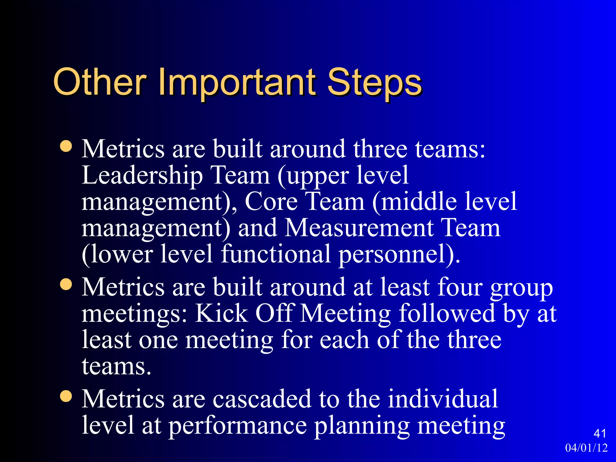 Other Important Steps
 Metrics are built around three teams:
  Leadership Team (upper level
  management), Core Team (middle level
  management) and Measurement Team
  (lower level functional personnel).
 Metrics are built around at least four group
  meetings: Kick Off Meeting followed by at
  least one meeting for each of the three
  teams.
 Metrics are cascaded to the individual
  level at performance planning meeting               41
                                                 04/01/12
 