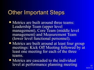Other Important Steps
 Metrics are built around three teams:
  Leadership Team (upper level
  management), Core Team (middle level
  management) and Measurement Team
  (lower level functional personnel).
 Metrics are built around at least four group
  meetings: Kick Off Meeting followed by at
  least one meeting for each of the three
  teams.
 Metrics are cascaded to the individual
  level at performance planning meeting               41
                                                 04/01/12
 