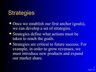 Strategies
 Once we establish our first anchor (goals),
  we can develop a set of strategies.
 Strategies define what actions must be
  taken to reach the goals.
 Strategies are critical to future success. For
  example, in order to grow revenues, we
  must introduce new products and expand
  our market share.

                                                          7
                                                   04/01/12
 