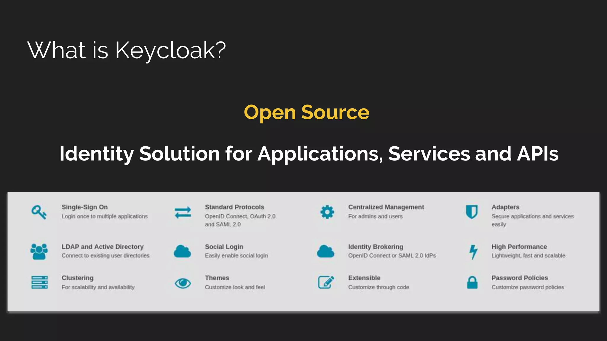 What is Keycloak?
Open Source
Identity Solution for Applications, Services and APIs
 