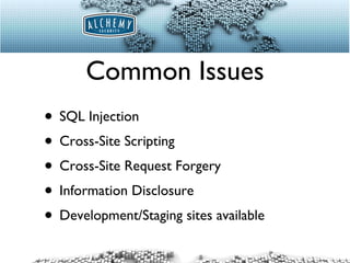 Common Issues SQL Injection Cross-Site Scripting Cross-Site Request Forgery Information Disclosure Development/Staging sites available 