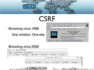 CSRF Browsing circa 1998 One window. One site. Browsing circa 2009 