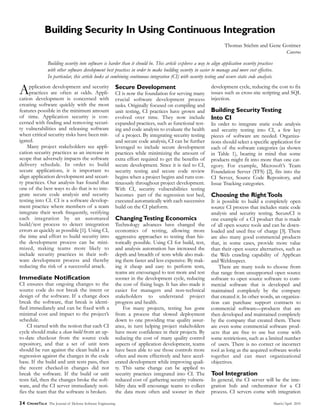 24 CROSSTALK The Journal of Defense Software Engineering March/April 2010
Application development and security
practices are often at odds. Appli-
cation development is concerned with
creating software quickly with the most
features possible in the minimum amount
of time. Application security is con-
cerned with finding and removing securi-
ty vulnerabilities and releasing software
when critical security risks have been mit-
igated.
Many project stakeholders see appli-
cation security practices as an increase in
scope that adversely impacts the software
delivery schedule. In order to build
secure applications, it is important to
align application development and securi-
ty practices. Our analysis has found that
one of the best ways to do that is to inte-
grate secure code analysis and security
testing into CI. CI is a software develop-
ment practice where members of a team
integrate their work frequently, verifying
each integration by an automated
build/test process to detect integration
errors as quickly as possible [1]. Using CI,
the time and effort to build security into
the development process can be mini-
mized, making teams more likely to
include security practices in their soft-
ware development process and thereby
reducing the risk of a successful attack.
Immediate Notification
CI ensures that ongoing changes to the
source code do not break the intent or
design of the software. If a change does
break the software, that break is identi-
fied immediately and can be fixed with a
minimal cost and impact to the project’s
schedule.
CI started with the notion that each CI
cycle should make a clean build from an up-
to-date checkout from the source code
repository, and that a set of unit tests
should be run against the clean build as a
regression against the changes in the code
base. If the build and unit tests pass, then
the recent checked-in changes did not
break the software. If the build or unit
tests fail, then the changes broke the soft-
ware, and the CI server immediately noti-
fies the team that the software is broken.
Secure Development
CI is now the foundation for serving many
crucial software development process
tasks. Originally focused on compiling and
unit testing, CI practices have grown and
evolved over time. They now include
expanded practices, such as functional test-
ing and code analysis to evaluate the health
of a project. By integrating security testing
and secure code analysis, CI can be further
leveraged to include secure development
practices while minimizing the amount of
extra effort required to get the benefits of
secure development. Since it is tied to CI,
security testing and secure code review
begins when a project begins and runs con-
tinuously throughout project development.
With CI, security vulnerabilities testing
becomes part of the regression test bed,
executed automatically with each successive
build on the CI platform.
ChangingTesting Economics
Technology advances have changed the
economics of testing, allowing more
aggressive approaches to testing than his-
torically possible. Using CI for build, test,
and analysis automation has increased the
depth and breadth of tests while also mak-
ing them faster and less expensive. By mak-
ing it cheap and easy to perform tests,
teams are encouraged to test more and test
sooner in the development cycle, reducing
the cost of fixing bugs. It has also made it
easier for managers and non-technical
stakeholders to understand project
progress and health.
For many projects, testing has gone
from a process that slowed deployment
down to one providing true quality assur-
ance, in turn helping project stakeholders
have more confidence in their projects. By
reducing the cost of many quality control
aspects of application development, teams
have been able to use those controls more
often and more effectively and have accel-
erated development while improving quali-
ty. This same change can be applied to
security practices integrated into CI. The
reduced cost of gathering security vulnera-
bility data will encourage teams to collect
the data more often and sooner in their
development cycle, reducing the cost to fix
issues such as cross-site scripting and SQL
injection.
Building SecurityTesting
Into CI
In order to integrate static code analysis
and security testing into CI, a few key
pieces of software are needed. Organiza-
tions should select a specific application for
each of the software categories (as shown
in Table 1), bearing in mind that some
products might fit into more than one cat-
egory. For example, Microsoft’s Team
Foundation Server (TFS) [2], fits into the
CI Server, Source Code Repository, and
Issue Tracking categories.
Choosing the RightTools
It is possible to build a completely open
source CI process that includes static code
analysis and security testing. SecureCI is
one example of a CI product that is made
of all open source tools and can be down-
loaded and used free of charge [3]. There
are also many good commercial products
that, in some cases, provide more value
than their open source alternatives, such as
the Web crawling capability of AppScan
and WebInspect.
There are many tools to choose from
that range from unsupported open source
software to open source software to com-
mercial software that is developed and
maintained completely by the company
that created it. In other words, an organiza-
tion can purchase support contracts to
commercial software—products that are
then developed and maintained completely
by the company that created them. There
are even some commercial software prod-
ucts that are free to use but come with
some restrictions, such as a limited number
of users. There is no correct or incorrect
tool as long as the acquired software works
together and can meet organizational
objectives.
Tool Integration
In general, the CI server will be the inte-
gration hub and orchestrator for a CI
process. CI servers come with integration
Building Security In Using Continuous Integration
Building security into software is harder than it should be. This article explores a way to align application security practices
with other software development best practices in order to make building security in easier to manage and more cost effective.
In particular, this article looks at combining continuous integration (CI) with security testing and secure static code analysis.
Thomas Stiehm and Gene Gotimer
Coveros
 
