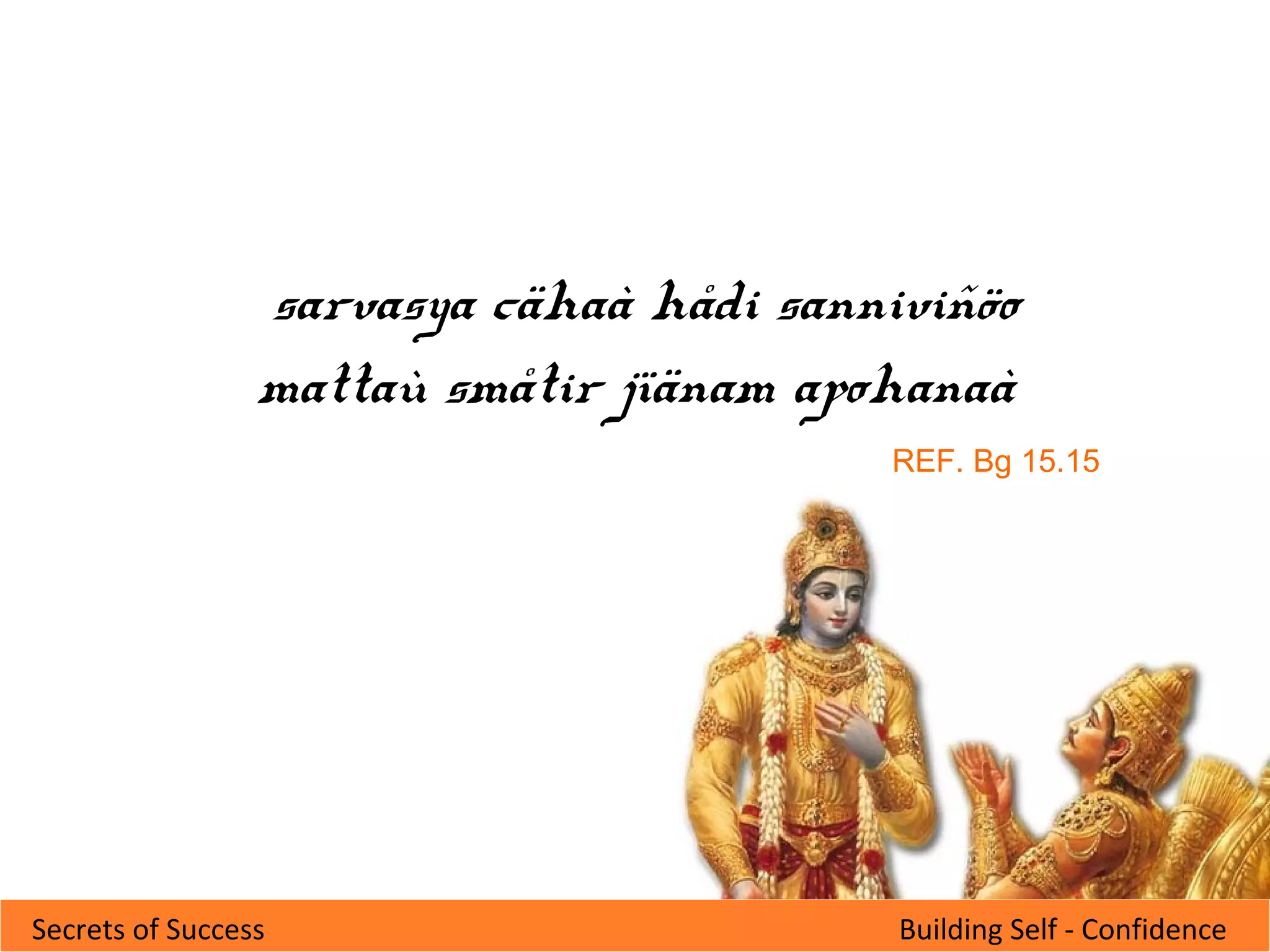 Building Self - ConfidenceSecrets of Success
sarvasya cähaà hådi sanniviñöo
mattaù småtir jïänam apohanaà
REF. Bg 15.15
 