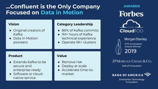 Hall of Innovation
CTO Innovation
Award Winner
2019
Enterprise Technology
Innovation
AWARDS
...Confluent is the Only Company
Focused on Data in Motion
Vision
● Original creators of
Kafka
● Data in Motion
pioneers
Category Leadership
● 80% of Kafka commits
● 1M+ hours of Kafka
technical experience
● Operate 5K+ clusters
Value
● Remove risk
● Deploy at scale
● Accelerate time-to-
market
Product
● Extends Kafka to be
secure and
enterprise-ready
● Software or cloud-
native service
 