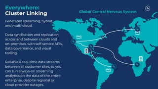 Federated streaming, hybrid
and multi-cloud.
Data syndication and replication
across and between clouds and
on-premises, with self-service APIs,
data governance, and visual
tooling.
Reliable & real-time data streams
between all customer sites, so you
can run always-on streaming
analytics on the data of the entire
enterprise, despite regional or
cloud provider outages.
Everywhere:
Cluster Linking Global Central Nervous System
 
