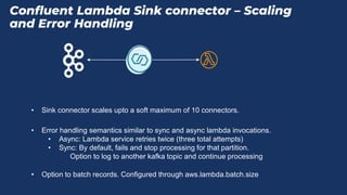 Confluent Lambda Sink connector – Scaling
and Error Handling
• Sink connector scales upto a soft maximum of 10 connectors.
• Error handling semantics similar to sync and async lambda invocations.
• Async: Lambda service retries twice (three total attempts)
• Sync: By default, fails and stop processing for that partition.
Option to log to another kafka topic and continue processing
• Option to batch records. Configured through aws.lambda.batch.size
 