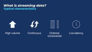 What is streaming data?
Typical characteristics
Low-latency
Continuous Ordered,
incremental
High volume
 