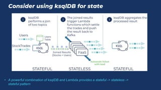 Consider using ksqlDB for state
• A powerful combination of ksqlDB and Lambda provides a stateful -> stateless ->
stateful pattern
 