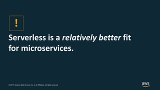 © 2017, Amazon Web Services, Inc. or its Affiliates. All rights reserved.
Serverless is a relatively better fit
for microservices.
!
 