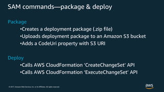 © 2017, Amazon Web Services, Inc. or its Affiliates. All rights reserved.
SAM commands—package & deploy
Package
•Creates a deployment package (.zip file)
•Uploads deployment package to an Amazon S3 bucket
•Adds a CodeUri property with S3 URI
Deploy
•Calls AWS CloudFormation ‘CreateChangeSet’ API
•Calls AWS CloudFormation ‘ExecuteChangeSet’ API
 