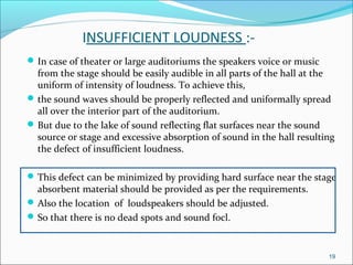 INSUFFICIENT LOUDNESS :-
In case of theater or large auditoriums the speakers voice or music
from the stage should be eas...