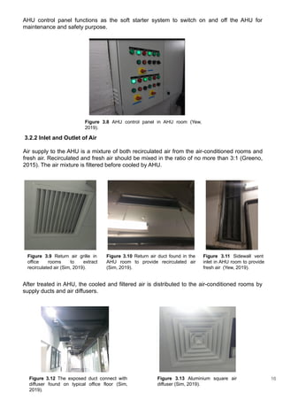 Figure 3.8 AHU control panel in AHU room (Yew,
2019).
AHU control panel functions as the soft starter system to switch on and off the AHU for
maintenance and safety purpose.
Figure 3.12 The exposed duct connect with
diffuser found on typical office floor (Sim,
2019).
Figure 3.13 Aluminium square air
diffuser (Sim, 2019).
Figure 3.9 Return air grille in
office rooms to extract
recirculated air (Sim, 2019).
3.2.2 Inlet and Outlet of Air
Air supply to the AHU is a mixture of both recirculated air from the air-conditioned rooms and
fresh air. Recirculated and fresh air should be mixed in the ratio of no more than 3:1 (Greeno,
2015). The air mixture is filtered before cooled by AHU.
Figure 3.11 Sidewall vent
inlet in AHU room to provide
fresh air (Yew, 2019).
Figure 3.10 Return air duct found in the
AHU room to provide recirculated air
(Sim, 2019).
After treated in AHU, the cooled and filtered air is distributed to the air-conditioned rooms by
supply ducts and air diffusers.
16
 