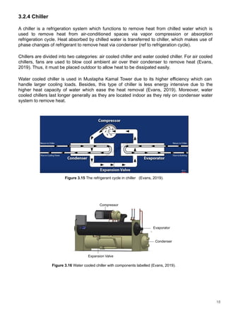 3.2.4 Chiller
A chiller is a refrigeration system which functions to remove heat from chilled water which is
used to remove heat from air-conditioned spaces via vapor compression or absorption
refrigeration cycle. Heat absorbed by chilled water is transferred to chiller, which makes use of
phase changes of refrigerant to remove heat via condenser (ref to refrigeration cycle).
Chillers are divided into two categories: air cooled chiller and water cooled chiller. For air cooled
chillers, fans are used to blow cool ambient air over their condenser to remove heat (Evans,
2019). Thus, it must be placed outdoor to allow heat to be dissipated easily.
Water cooled chiller is used in Mustapha Kamal Tower due to its higher efficiency which can
handle larger cooling loads. Besides, this type of chiller is less energy intensive due to the
higher heat capacity of water which ease the heat removal (Evans, 2019). Moreover, water
cooled chillers last longer generally as they are located indoor as they rely on condenser water
system to remove heat.
Figure 3.16 Water cooled chiller with components labelled (Evans, 2019).
Compressor
Expansion Valve
Condenser
Evaporator
Figure 3.15 The refrigerant cycle in chiller (Evans, 2019).
18
 