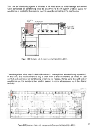 Figure 3.36 Roof plan with lift motor room highlighted (Sim, 2019).
Figure 3.37 Basement 1 plan with management office room highlighted (Sim, 2019).
Split unit air conditioning system is installed in lift motor room as water leakage from chilled
water centralised air conditioning could be disastrous to the lift system (Rabiah, 2007). Air
conditioning is needed for the machine room to prevent overheating of the machineries.
The management office room located at Basement 1 uses split unit air conditioning system too.
In this case, it is because there is only a small room of the basement to be cooled for user
comfort and centralised air-conditioning system is not needed. Hence using the split unit air
conditioning as the supplementary cooling system is more advantageous as it has higher
flexibility.
24
 