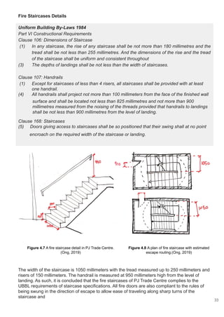 Fire Staircases Details
Uniform Building By-Laws 1984
Part VI Constructional Requirements
Clause 106: Dimensions of Staircase
(1) In any staircase, the rise of any staircase shall be not more than 180 millimetres and the
tread shall be not less than 255 millimetres. And the dimensions of the rise and the tread
of the staircase shall be uniform and consistent throughout
(3) The depths of landings shall be not less than the width of staircases.
Clause 107: Handrails
(1) Except for staircases of less than 4 risers, all staircases shall be provided with at least
one handrail.
(4) All handrails shall project not more than 100 millimeters from the face of the finished wall
Clause 168: Staircases
(5) Doors giving access to staircases shall be so positioned that their swing shall at no point
encroach on the required width of the staircase or landing.
The width of the staircase is 1050 millimeters with the tread measured up to 250 millimeters and
risers of 150 millimeters. The handrail is measured at 950 millimeters high from the level of
landing. As such, it is concluded that the fire staircases of PJ Trade Centre complies to the
UBBL requirements of staircase specifications. All fire doors are also compliant to the rules of
being swung in the direction of escape to allow ease of traveling along sharp turns of the
staircase and
surface and shall be located not less than 825 millimetres and not more than 900
millimetres measured from the noising of the threads provided that handrails to landings
shall be not less than 900 millimetres from the level of landing.
Figure 4.7 A fire staircase detail in PJ Trade Centre.
(Ong, 2019)
Figure 4.8 A plan of fire staircase with estimated
escape routing.(Ong, 2019)
33
 