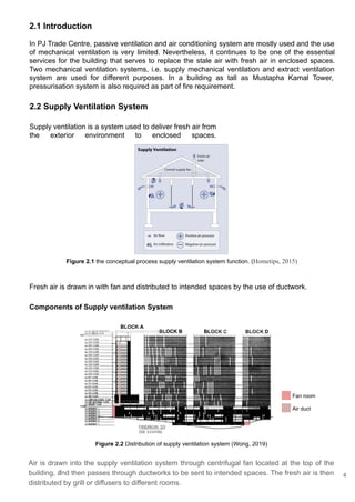 2.2 Supply Ventilation System
Supply ventilation is a system used to deliver fresh air from
the exterior environment to enclosed spaces.
-
2.1 Introduction
In PJ Trade Centre, passive ventilation and air conditioning system are mostly used and the use
of mechanical ventilation is very limited. Nevertheless, it continues to be one of the essential
services for the building that serves to replace the stale air with fresh air in enclosed spaces.
Two mechanical ventilation systems, i.e. supply mechanical ventilation and extract ventilation
system are used for different purposes. In a building as tall as Mustapha Kamal Tower,
pressurisation system is also required as part of fire requirement.
Fresh air is drawn in with fan and distributed to intended spaces by the use of ductwork.
Components of Supply ventilation System
Air is drawn into the supply ventilation system through centrifugal fan located at the top of the
building, and then passes through ductworks to be sent to intended spaces. The fresh air is then
distributed by grill or diffusers to different rooms.
Figure 2.1 the conceptual process supply ventilation system function. (Hometips, 2015)
Figure 2.2 Distribution of supply ventilation system (Wong, 2019)
Air duct
Fan room
4
 