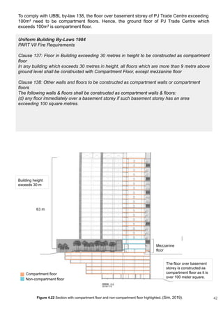 To comply with UBBL by-law 138, the floor over basement storey of PJ Trade Centre exceeding
100m² need to be compartment floors. Hence, the ground floor of PJ Trade Centre which
exceeds 100m² is compartment floor.
Uniform Building By-Laws 1984
PART VII Fire Requirements
Clause 137: Floor in Building exceeding 30 metres in height to be constructed as compartment
floor
In any building which exceeds 30 metres in height, all floors which are more than 9 metre above
ground level shall be constructed with Compartment Floor, except mezzanine floor
Clause 138: Other walls and floors to be constructed as compartment walls or compartment
floors
The following walls & floors shall be constructed as compartment walls & floors:
(d) any floor immediately over a basement storey if such basement storey has an area
exceeding 100 square metres.
Mezzanine
floor
The floor over basement
storey is constructed as
compartment floor as it is
over 100 meter square.
63 m
Building height
exceeds 30 m
Compartment floor
Non-compartment floor
Figure 4.22 Section with compartment floor and non-compartment floor highlighted. (Sim, 2019). 42
 