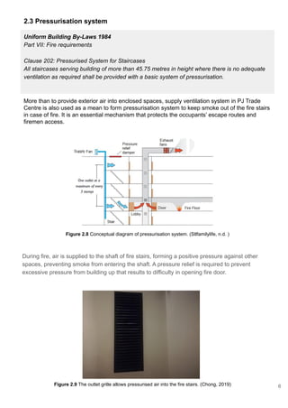2.3 Pressurisation system
During fire, air is supplied to the shaft of fire stairs, forming a positive pressure against other
spaces, preventing smoke from entering the shaft. A pressure relief is required to prevent
excessive pressure from building up that results to difficulty in opening fire door.
More than to provide exterior air into enclosed spaces, supply ventilation system in PJ Trade
Centre is also used as a mean to form pressurisation system to keep smoke out of the fire stairs
in case of fire. It is an essential mechanism that protects the occupants’ escape routes and
firemen access.
Figure 2.9 The outlet grille allows pressurised air into the fire stairs. (Chong, 2019)
Uniform Building By-Laws 1984
Part VII: Fire requirements
Clause 202: Pressurised System for Staircases
All staircases serving building of more than 45.75 metres in height where there is no adequate
ventilation as required shall be provided with a basic system of pressurisation.
Figure 2.8 Conceptual diagram of pressurisation system. (Stlfamilylife, n.d. )
6
 
