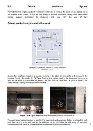 2.4 Extract Ventilation System
PJ trade Centre employs extract ventilation system as to remove the stale air in a space out to
an exterior environment. There are two types of extract ventilation being used: centralised
extract system connected to ductwork and only with the use of fan.
Extract fan creates a negative pressure, sucking in the stale air from grills and remove to the
exterior through ductworks. In PJ Trade Centre, it is mainly used in the basement parkings to
remove the stale, contaminated air. Due to the fact that the basement car park is open to the
surroundings, supply ventilation is not needed.
Extract ventilation system with Ductwork
The centralised extract system is used in the basement parking areas. Grilles are installed both
over the parking area and next to the columns as to maximise the efficiency of removing
contaminants that settle at different levels due to their difference in densities.
Figure 2.13 Conceptual diagram of extract ventilation
(hometips, 2015)
Figure 2.14 & Figure 2.15 Grille inlets at basement carpark to extract stale air.
8
 
