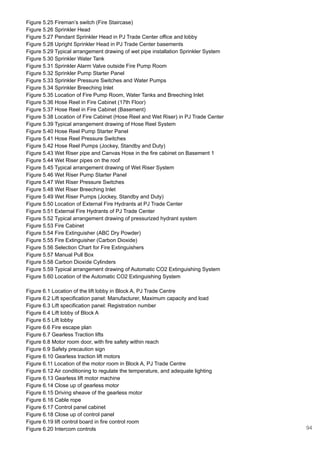 Figure 5.25 Fireman’s switch (Fire Staircase)
Figure 5.26 Sprinkler Head
Figure 5.27 Pendant Sprinkler Head in PJ Trade Center office and lobby
Figure 5.28 Upright Sprinkler Head in PJ Trade Center basements
Figure 5.29 Typical arrangement drawing of wet pipe installation Sprinkler System
Figure 5.30 Sprinkler Water Tank
Figure 5.31 Sprinkler Alarm Valve outside Fire Pump Room
Figure 5.32 Sprinkler Pump Starter Panel
Figure 5.33 Sprinkler Pressure Switches and Water Pumps
Figure 5.34 Sprinkler Breeching Inlet
Figure 5.35 Location of Fire Pump Room, Water Tanks and Breeching Inlet
Figure 5.36 Hose Reel in Fire Cabinet (17th Floor)
Figure 5.37 Hose Reel in Fire Cabinet (Basement)
Figure 5.38 Location of Fire Cabinet (Hose Reel and Wet Riser) in PJ Trade Center
Figure 5.39 Typical arrangement drawing of Hose Reel System
Figure 5.40 Hose Reel Pump Starter Panel
Figure 5.41 Hose Reel Pressure Switches
Figure 5.42 Hose Reel Pumps (Jockey, Standby and Duty)
Figure 5.43 Wet Riser pipe and Canvas Hose in the fire cabinet on Basement 1
Figure 5.44 Wet Riser pipes on the roof
Figure 5.45 Typical arrangement drawing of Wet Riser System
Figure 5.46 Wet Riser Pump Starter Panel
Figure 5.47 Wet Riser Pressure Switches
Figure 5.48 Wet Riser Breeching Inlet
Figure 5.49 Wet Riser Pumps (Jockey, Standby and Duty)
Figure 5.50 Location of External Fire Hydrants at PJ Trade Center
Figure 5.51 External Fire Hydrants of PJ Trade Center
Figure 5.52 Typical arrangement drawing of pressurized hydrant system
Figure 5.53 Fire Cabinet
Figure 5.54 Fire Extinguisher (ABC Dry Powder)
Figure 5.55 Fire Extinguisher (Carbon Dioxide)
Figure 5.56 Selection Chart for Fire Extinguishers
Figure 5.57 Manual Pull Box
Figure 5.58 Carbon Dioxide Cylinders
Figure 5.59 Typical arrangement drawing of Automatic CO2 Extinguishing System
Figure 5.60 Location of the Automatic CO2 Extinguishing System
Figure 6.1 Location of the lift lobby in Block A, PJ Trade Centre
Figure 6.2 Lift specification panel: Manufacturer, Maximum capacity and load
Figure 6.3 Lift specification panel: Registration number
Figure 6.4 Lift lobby of Block A
Figure 6.5 Lift lobby
Figure 6.6 Fire escape plan
Figure 6.7 Gearless Traction lifts
Figure 6.8 Motor room door, with fire safety within reach
Figure 6.9 Safety precaution sign
Figure 6.10 Gearless traction lift motors
Figure 6.11 Location of the motor room in Block A, PJ Trade Centre
Figure 6.12 Air conditioning to regulate the temperature, and adequate lighting
Figure 6.13 Gearless lift motor machine
Figure 6.14 Close up of gearless motor
Figure 6.15 Driving sheave of the gearless motor
Figure 6.16 Cable rope
Figure 6.17 Control panel cabinet
Figure 6.18 Close up of control panel
Figure 6.19 lift control board in fire control room
Figure 6.20 Intercom controls 94
 