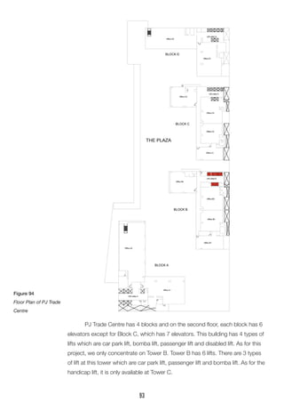 PJ Trade Centre has 4 blocks and on the second floor, each block has 6
elevators except for Block C, which has 7 elevators. This building has 4 types of
lifts which are car park lift, bomba lift, passenger lift and disabled lift. As for this
project, we only concentrate on Tower B. Tower B has 6 lifts. There are 3 types
of lift at this tower which are car park lift, passenger lift and bomba lift. As for the
handicap lift, it is only available at Tower C.
Figure 94
Floor Plan of PJ Trade
Centre
93
 
