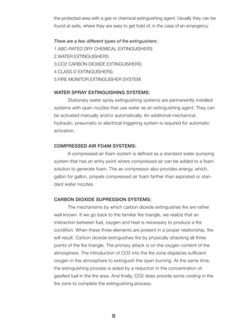 the protected area with a gas or chemical extinguishing agent. Usually they can be
found at exits, where they are easy to get hold of, in the case of an emergency.
There are a few different types of fire extinguishers:
1.ABC-RATED DRY CHEMICAL EXTINGUISHERS
2.WATER EXTINGUISHERS:
3.CO2 CARBON DIOXIDE EXTINGUISHERS:
4.CLASS D EXTINGUISHERS:
5.FIRE MONITOR EXTINGUISHER SYSTEM:
WATER SPRAY EXTINGUISHING SYSTEMS:
	 Stationary water spray extinguishing systems are permanently installed
systems with open nozzles that use water as an extinguishing agent. They can
be activated manually and/or automatically. An additional mechanical,
hydraulic, pneumatic or electrical triggering system is required for automatic
activation.
COMPRESSED AIR FOAM SYSTEMS:
	 A compressed air foam system is defined as a standard water pumping
system that has an entry point where compressed air can be added to a foam
solution to generate foam. The air compressor also provides energy, which,
gallon for gallon, propels compressed air foam farther than aspirated or stan-
dard water nozzles.
CARBON DIOXIDE SUPRESSION SYSTEMS:
	 The mechanisms by which carbon dioxide extinguishes fire are rather
well known. If we go back to the familiar fire triangle, we realize that an
interaction between fuel, oxygen and heat is necessary to produce a fire
condition. When these three elements are present in a proper relationship, fire
will result. Carbon dioxide extinguishes fire by physically attacking all three
points of the fire triangle. The primary attack is on the oxygen content of the
atmosphere. The introduction of CO2 into the fire zone displaces sufficient
oxygen in the atmosphere to extinguish the open burning. At the same time,
the extinguishing process is aided by a reduction in the concentration of
gasified fuel in the fire area. And finally, CO2 does provide some cooling in the
fire zone to complete the extinguishing process.
10
 