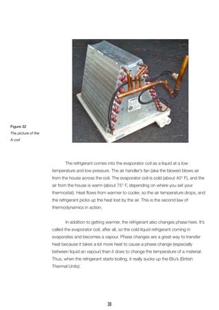 The refrigerant comes into the evaporator coil as a liquid at a low
temperature and low pressure. The air handler’s fan (aka the blower) blows air
from the house across the coil. The evaporator coil is cold (about 40° F), and the
air from the house is warm (about 75° F, depending on where you set your
thermostat). Heat flows from warmer to cooler, so the air temperature drops, and
the refrigerant picks up the heat lost by the air. This is the second law of
thermodynamics in action.
	 In addition to getting warmer, the refrigerant also changes phase here. It’s
called the evaporator coil, after all, so the cold liquid refrigerant coming in
evaporates and becomes a vapour. Phase changes are a great way to transfer
heat because it takes a lot more heat to cause a phase change (especially
between liquid an vapour) than it does to change the temperature of a material.
Thus, when the refrigerant starts boiling, it really sucks up the Btu’s (British
Thermal Units).
Figure 32
The picture of the
A-coil
30
 