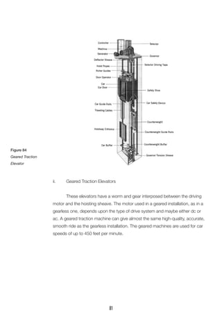 ii.	 Geared Traction Elevators
	 These elevators have a worm and gear interposed between the driving
motor and the hoisting sheave. The motor used in a geared installation, as in a
gearless one, depends upon the type of drive system and maybe either dc or
ac. A geared traction machine can give almost the same high-quality, accurate,
smooth ride as the gearless installation. The geared machines are used for car
speeds of up to 450 feet per minute.
Figure 84
Geared Traction
Elevator
81
 