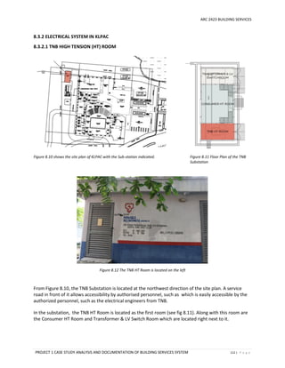 ARC 2423 BUILDING SERVICES
PROJECT 1 CASE STUDY ANALYSIS AND DOCUMENTATION OF BUILDING SERVICES SYSTEM 112 | P a g e
8.3.2 ELECTRICAL SYSTEM IN KLPAC
8.3.2.1 TNB HIGH TENSION (HT) ROOM
Figure 8.10 shows the site plan of KLPAC with the Sub-station indicated. Figure 8.11 Floor Plan of the TNB
Substation
Figure 8.12 The TNB HT Room is located on the left
From Figure 8.10, the TNB Substation is located at the northwest direction of the site plan. A service
road in front of it allows accessibility by authorised personnel, such as which is easily accessible by the
authorized personnel, such as the electrical engineers from TNB.
In the substation, the TNB HT Room is located as the first room (see fig 8.11). Along with this room are
the Consumer HT Room and Transformer & LV Switch Room which are located right next to it.
 