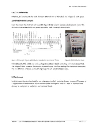 ARC 2423 BUILDING SERVICES
PROJECT 1 CASE STUDY ANALYSIS AND DOCUMENTATION OF BUILDING SERVICES SYSTEM 126 | P a g e
8.3.2.6 TENANT UNITS
In KL PAC, the tenant units for each floors are different due to the nature and purpose of each space.
a) DISTRIBUTION BOARD (DB)
From the meter, the electricity will reach DB (Figure 8.40), which is located outside electric room. This
DB functions as an extension and power control for areas far away from the risers.
Figure 8.39 Schematic drawing of Distribution Board for the Experimental Theatre Figure 8.40 A Distribution Board.
In the DBs at KL PAC, MCCB and Earth Leakage Circuit Board (ELCB) for leaking currents to be earthed.
The usage of DBs is for easier distribution of power supply. The final readings for the tenant are divided
into two different amperes, under 20A (lighting) and 12A (electrical appliances).
b) Maintenance
For this reason, these units should be correctly rated, regularly tested, and never bypassed. The cause of
a tripped breaker or blown fuse should also always be investigated prior to a reset to avoid possible
damage to equipment or appliances and electrical shock.
 