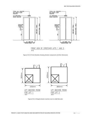 ARC 2423 BUILDING SERVICES
PROJECT 1 CASE STUDY ANALYSIS AND DOCUMENTATION OF BUILDING SERVICES SYSTEM 136 | P a g e
Figures 9.4.1.4 Front elevation showing elevator components and their dimensions
Figures 9.4.1.5 Rough elevator machine room to shaft floor plan
 