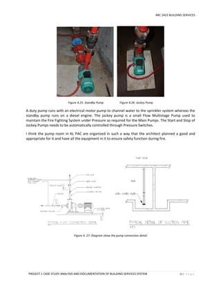 ARC 2423 BUILDING SERVICES
PROJECT 1 CASE STUDY ANALYSIS AND DOCUMENTATION OF BUILDING SERVICES SYSTEM 21 | P a g e
Figure 4.25: Standby Pump Figure 4.26: Jockey Pump
A duty pump runs with an electrical motor pump to channel water to the sprinkler system whereas the
standby pump runs on a diesel engine. The jockey pump is a small Flow Multistage Pump used to
maintain the Fire Fighting System under Pressure as required for the Main Pumps. The Start and Stop of
Jockey Pumps needs to be automatically controlled through Pressure Switches.
I think the pump room in KL PAC are organized in such a way that the architect planned a good and
appropriate for it and have all the equipment in it to ensure safety function during fire.
Figure 4. 27: Diagram show the pump connection detail
 