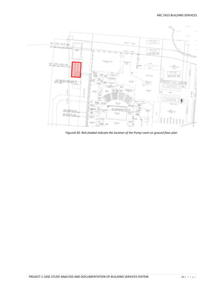 ARC 2423 BUILDING SERVICES
PROJECT 1 CASE STUDY ANALYSIS AND DOCUMENTATION OF BUILDING SERVICES SYSTEM 23 | P a g e
Figure4.30: Red shaded indicate the location of the Pump room on ground floor plan
 