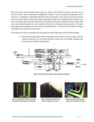 ARC 2423 BUILDING SERVICES
PROJECT 1 CASE STUDY ANALYSIS AND DOCUMENTATION OF BUILDING SERVICES SYSTEM 51 | P a g e
Both cold water and fire sprinkler water tanks are made up of reinforced concrete, the tanks size in
volume are 35m3
, which is equivalent to 35000 liters of water. There is no water level indication on the
wall but it is replaced by submersible Electrode Water Level Sensor in the tank to measure the water
level in the tank. Water in both water tanks are being controlled by the floating device installed in the
tank. The buoyant ball will stop the water from entering the tank when it reaches maximum water level
in the tank. Overflow pipes are also installed on the tank to discharge excessive water. The water
discharged will be collected and to be used as non-potable water. The water exits through foot valves
connecting to the hydro pneumatic system.
The underground tanks are designed with accordance to UBBL 1984 Section 247 (2): Water Storage
a) Main water storage tanks within the building, other than for hose reel system, shall be
located at ground, first or second basement levels, with fire brigade pumping inlet
connections accessible to fire appliance.
Figure 5.21 Water discharged to
scupper drain through scour pipes
Figure 5.20 Electrode Water level
sensor to indicate water level
Figure 5.19 80mm and 100mm riser pipes
for potable and flushing use respectively
Figure 5.18 KLPAC water supply schematic diagram (Cropped)
 